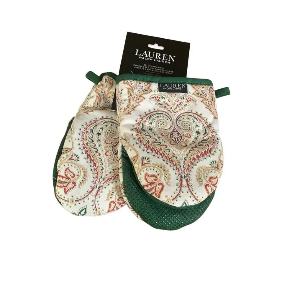 Lauren Ralph Lauren Paisley Mini Oven Mitts Set 2 NWT 100% Cotton Kitchen Green